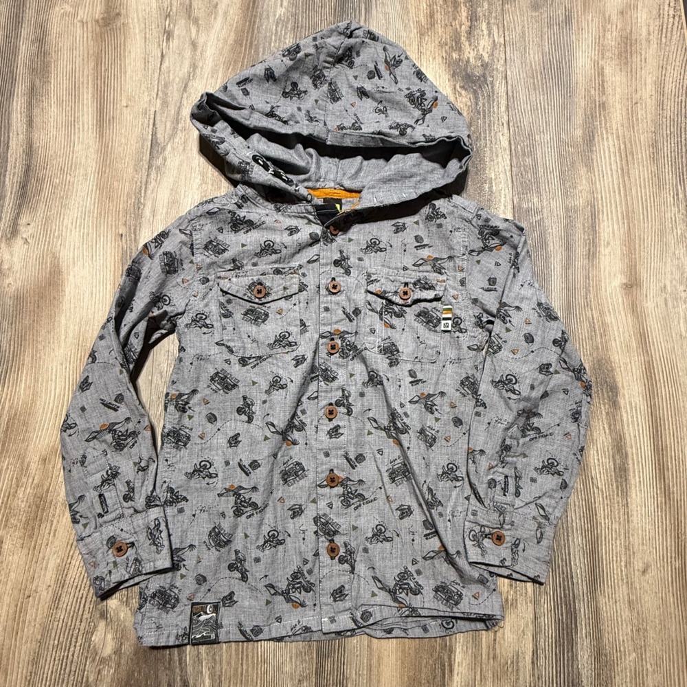 Nano Boys Grey Dirt Bike Off-Road Print Hooded Button Down Shirt Size 5 110cm
